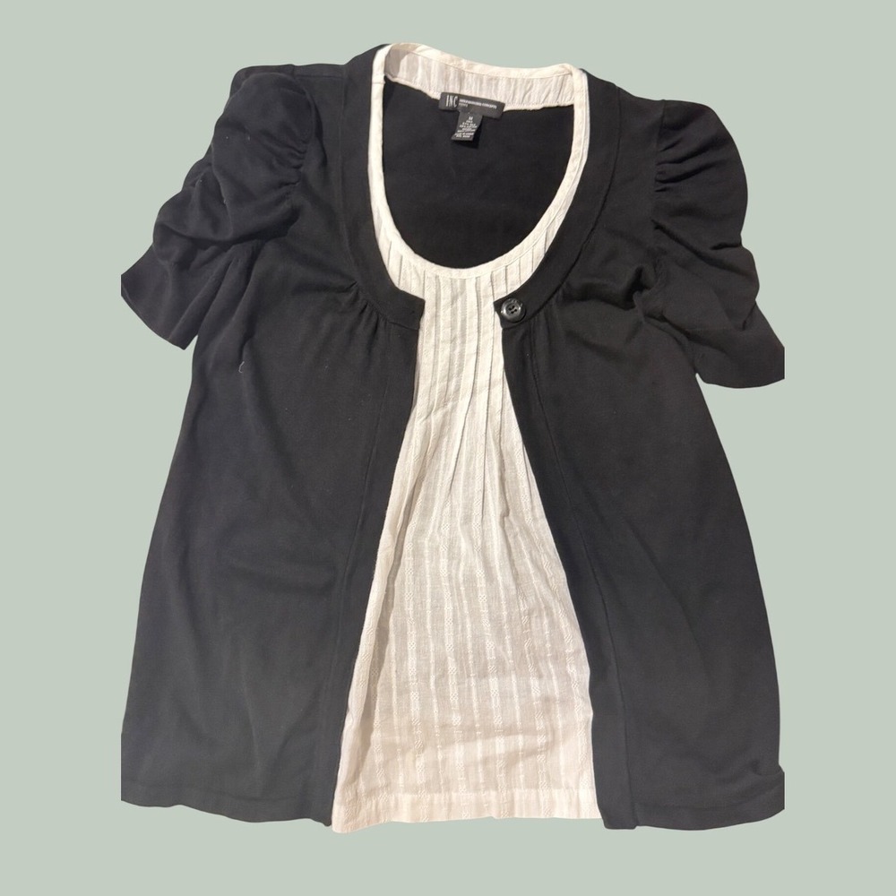 INC Petite Black Silk Blend Layered Look Puffy Sleeve Top M Y2K Cottagecore